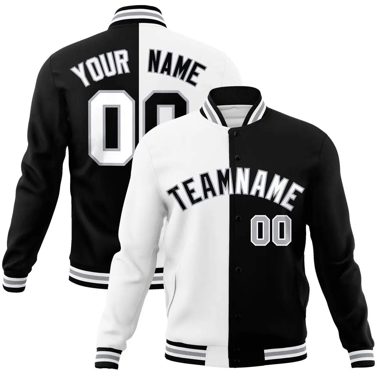 White Black Two Tone Split Full-Snap Varsity Letterman Jacket
