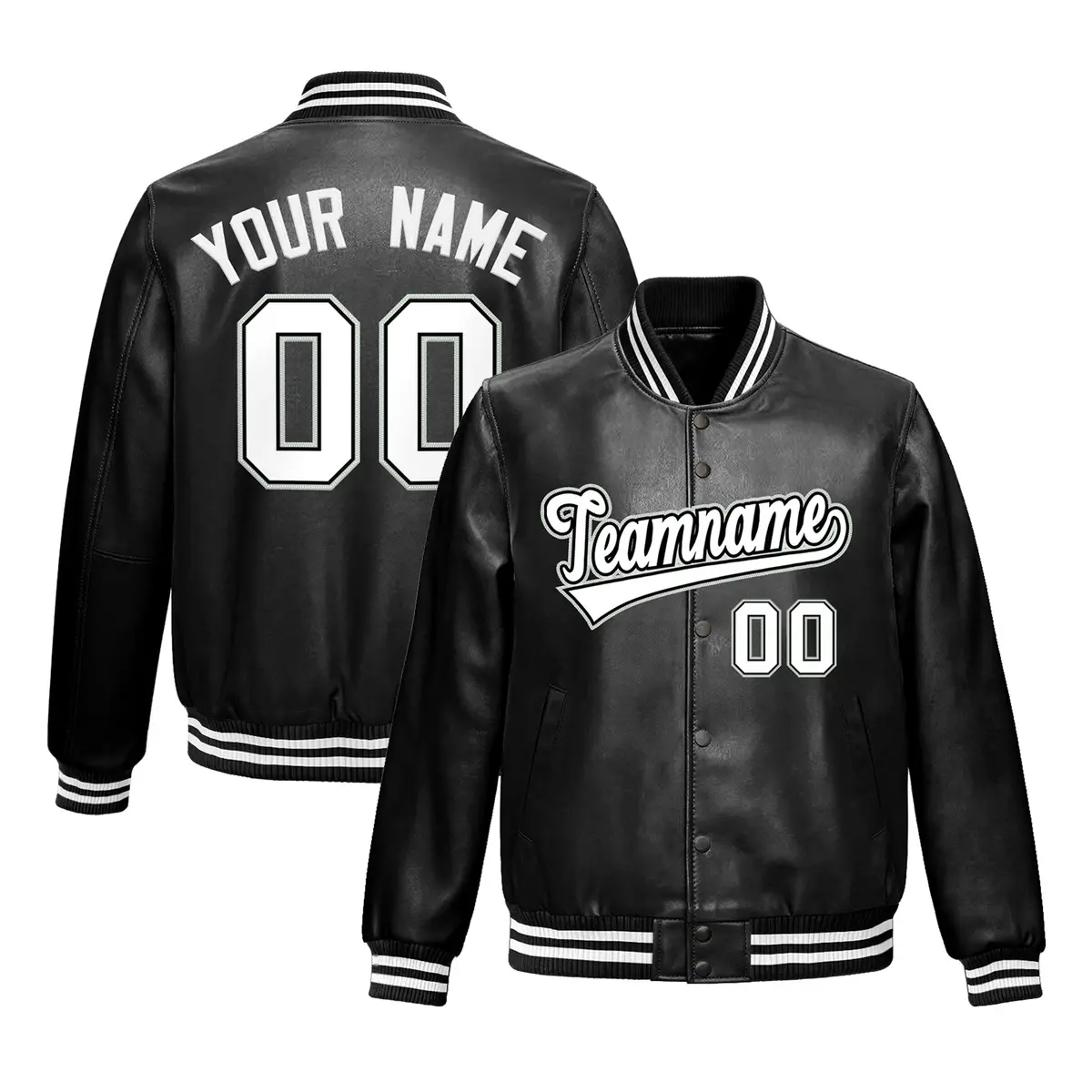 White Black Varsity Full-Snap Faux Leather Letterman Jacket