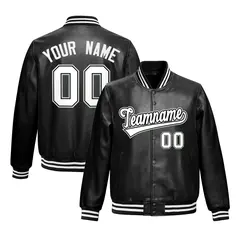 White Black Varsity Full-Snap Faux Leather Letterman Jacket