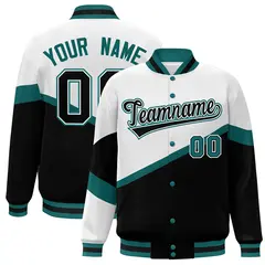 White Black-White Color Block Varsity Baseball Bomber Jacket