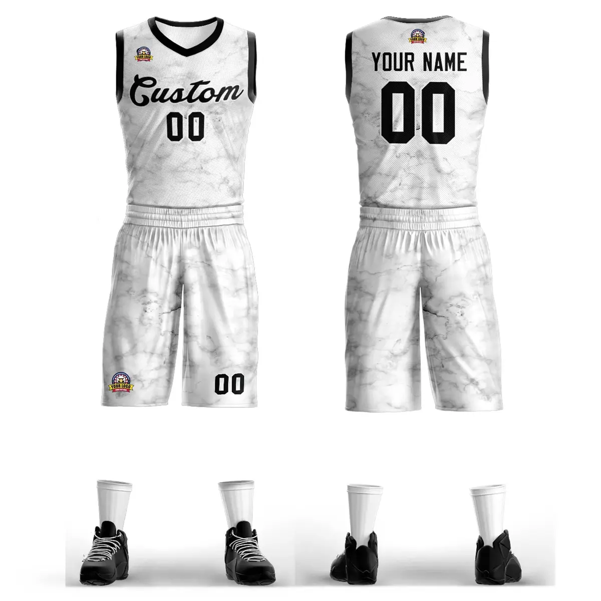 White Black-White Graffiti Pattern Mesh Basketball Jersey