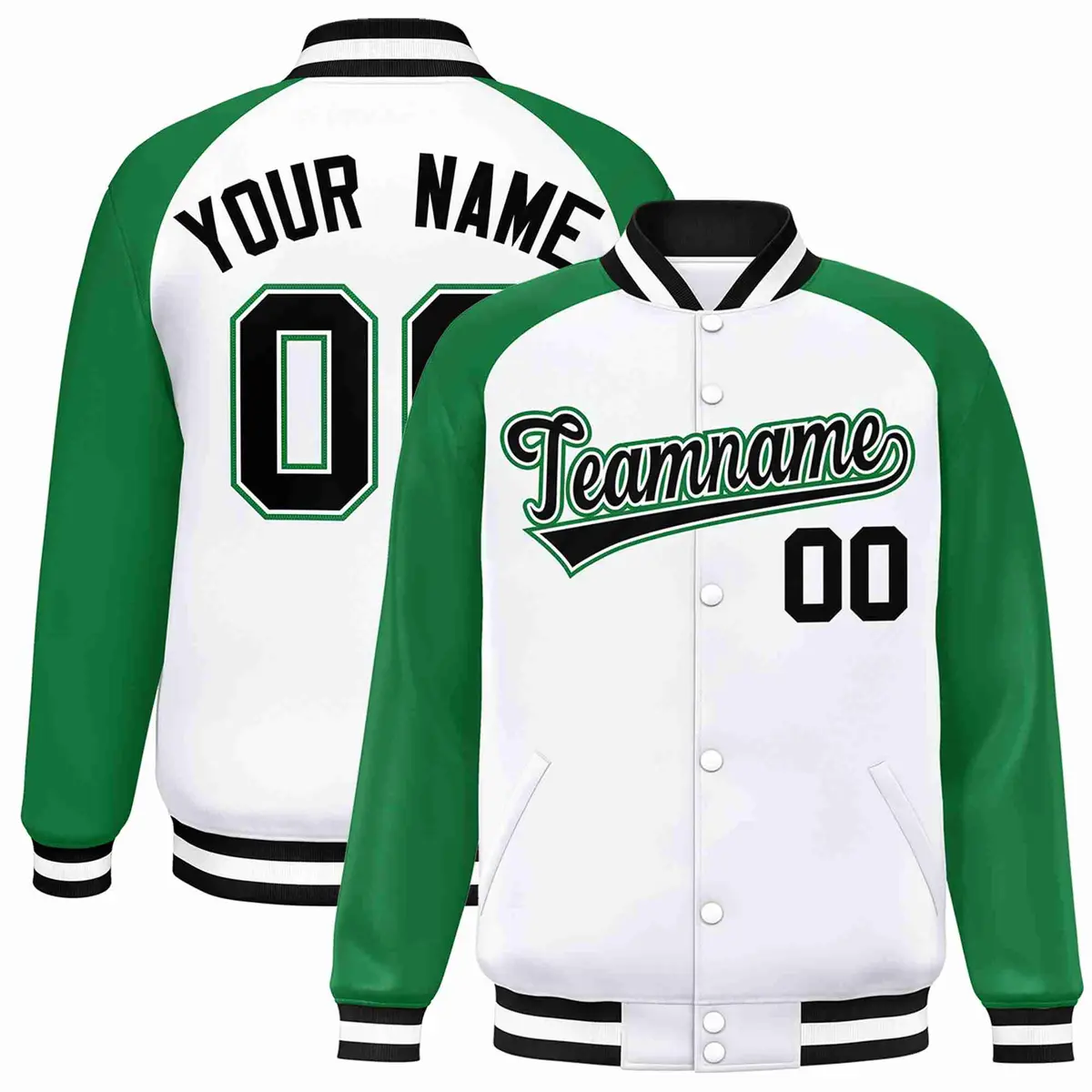 White Black-White Raglan Varsity Letterman Full-Snap Jacket