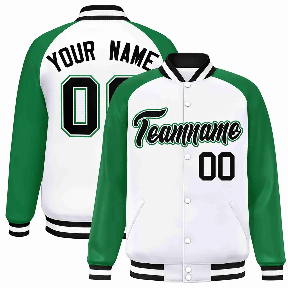 White Black-White Raglan Varsity Letterman Full-Snap Jacket