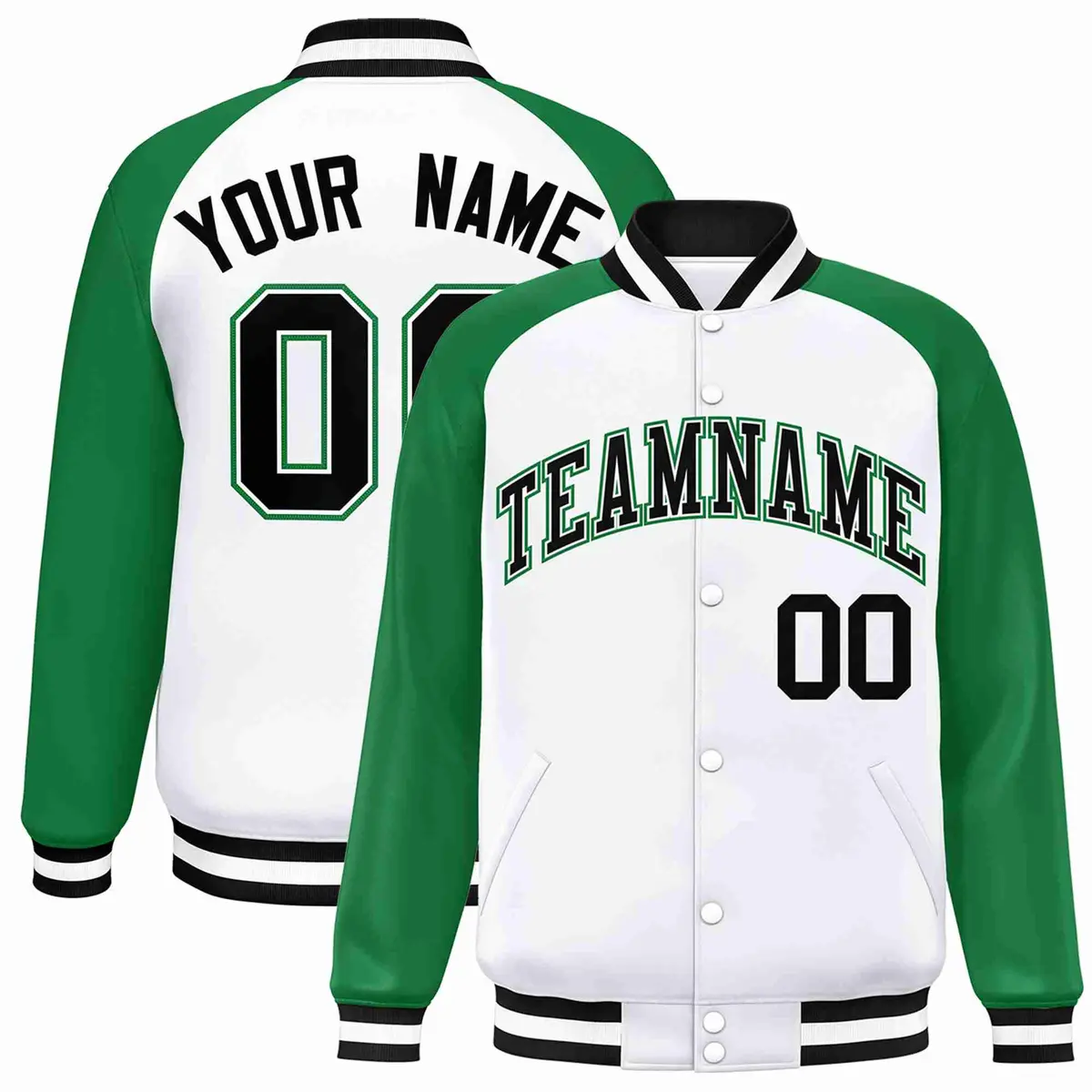 White Black-White Raglan Varsity Letterman Full-Snap Jacket