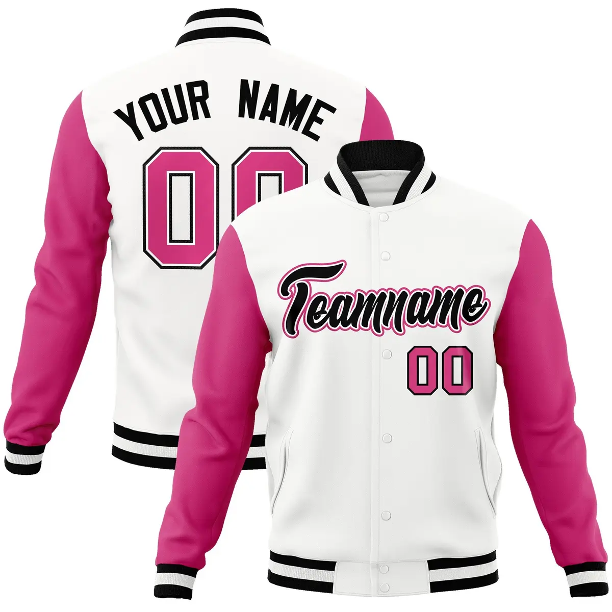 White Black-White Raglan Varsity Letterman Full-Snap Jacket