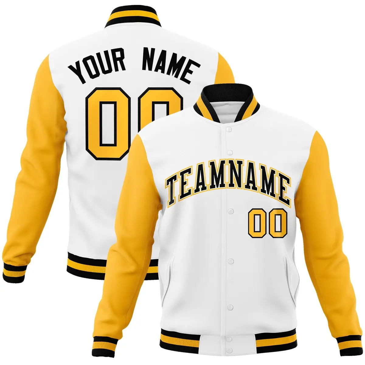 White Black-White Raglan Varsity Letterman Full-Snap Jacket
