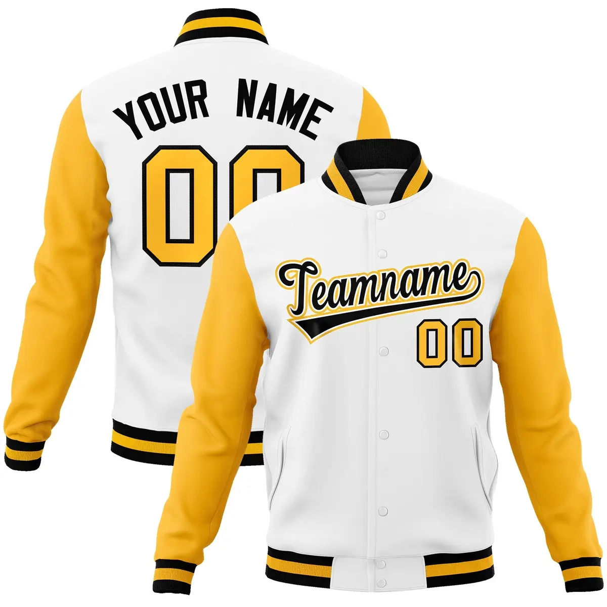 White Black-White Raglan Varsity Letterman Full-Snap Jacket