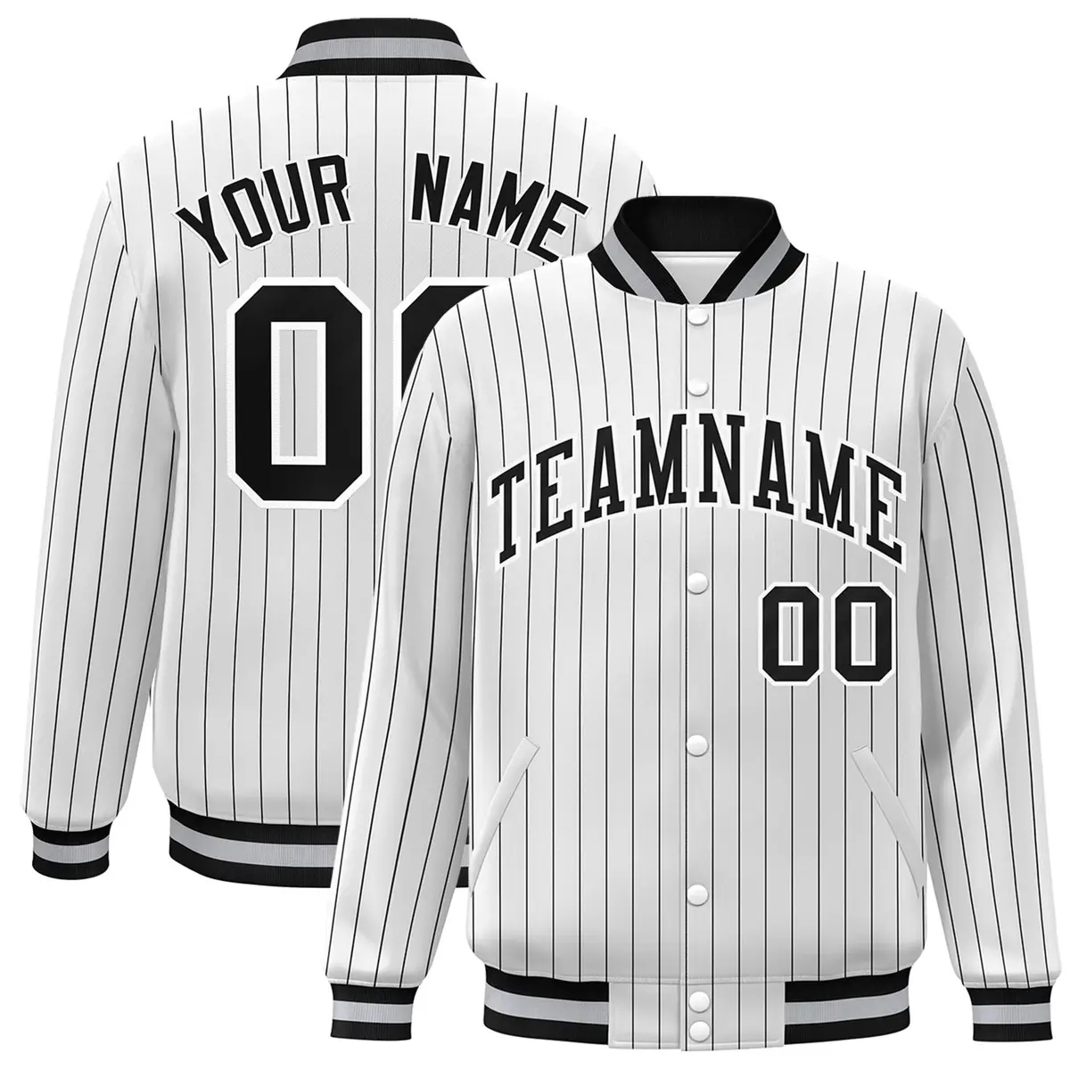 White Black-White Stripe Letterman Bomber Varsity Jacket