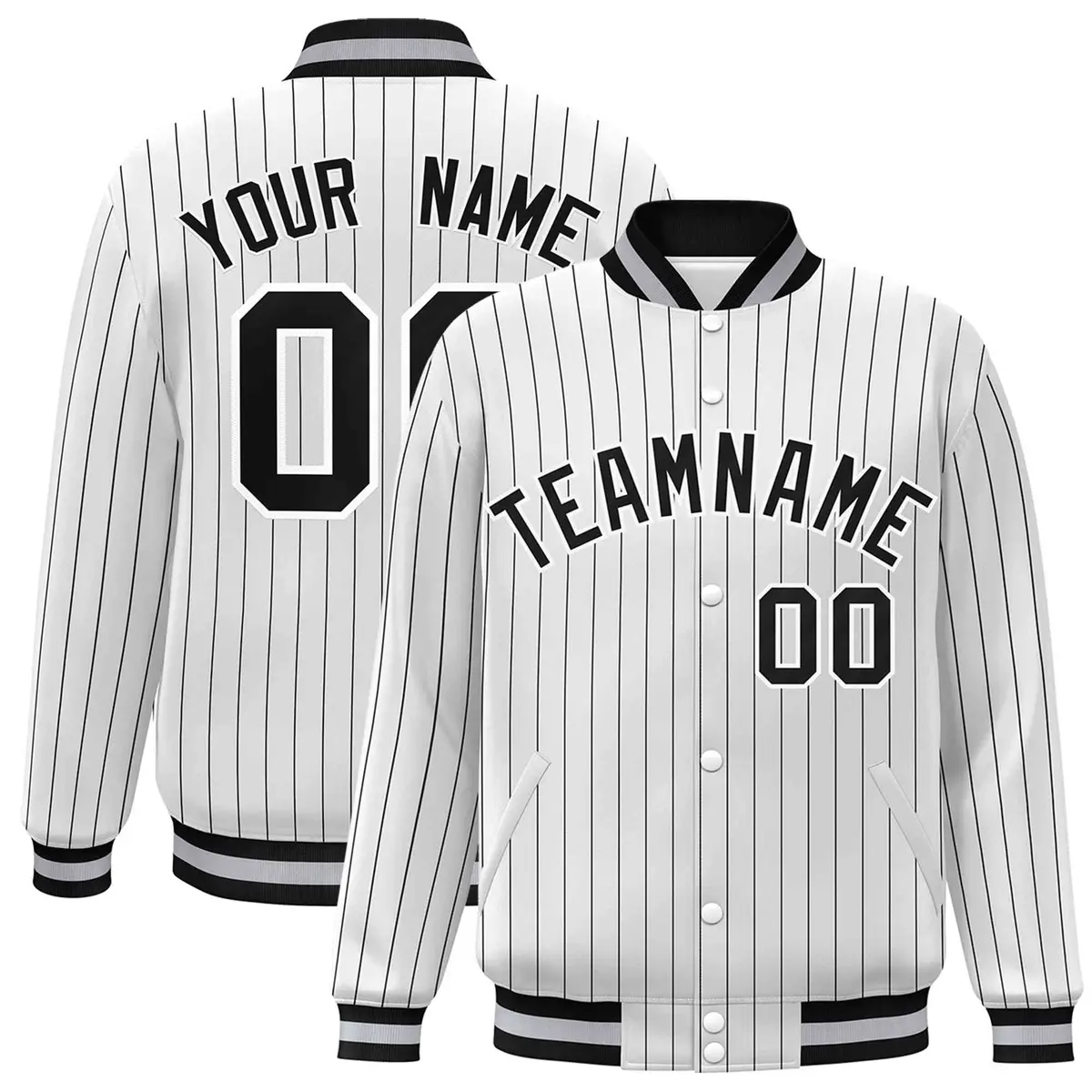 White Black-White Stripe Letterman Bomber Varsity Jacket
