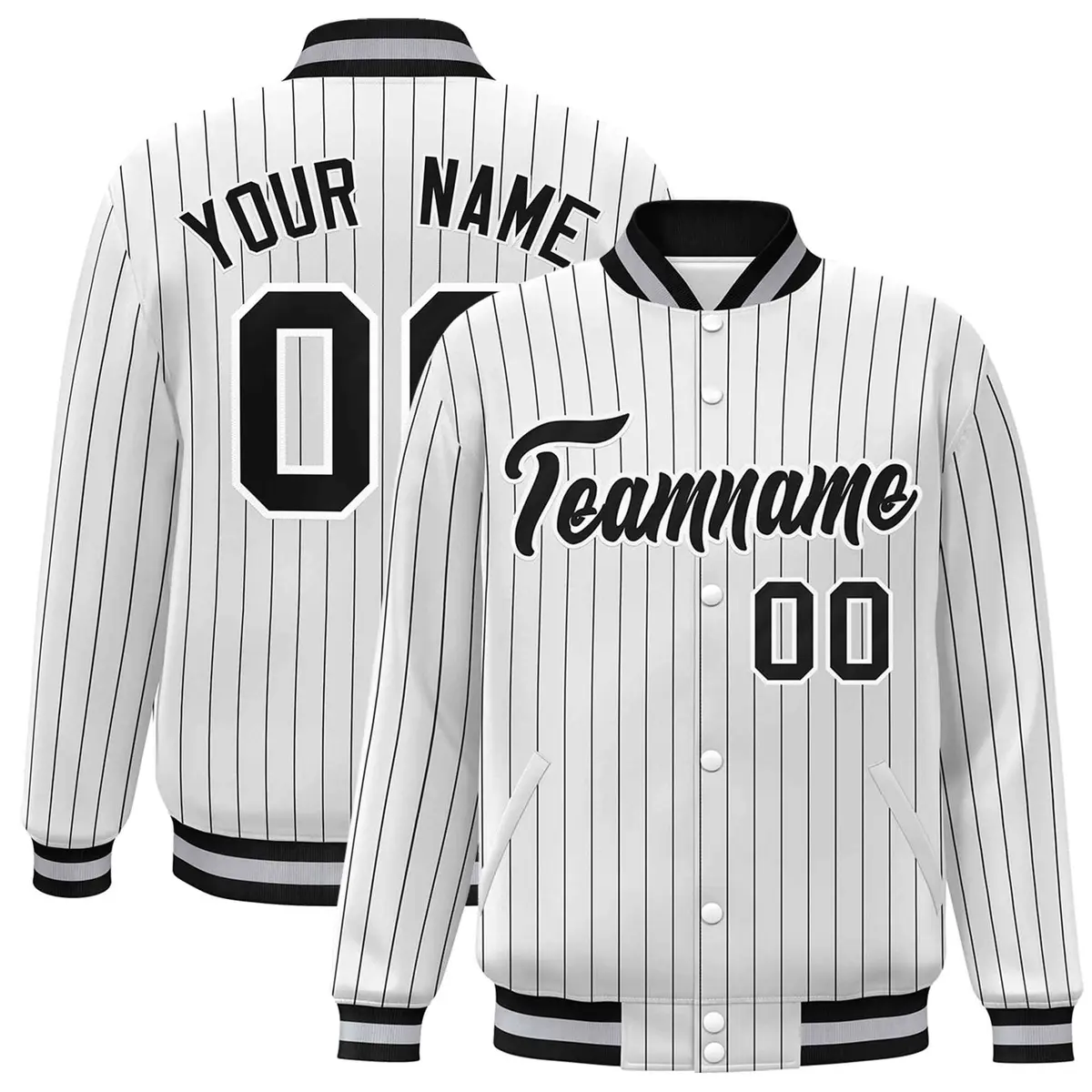 White Black-White Stripe Letterman Bomber Varsity Jacket