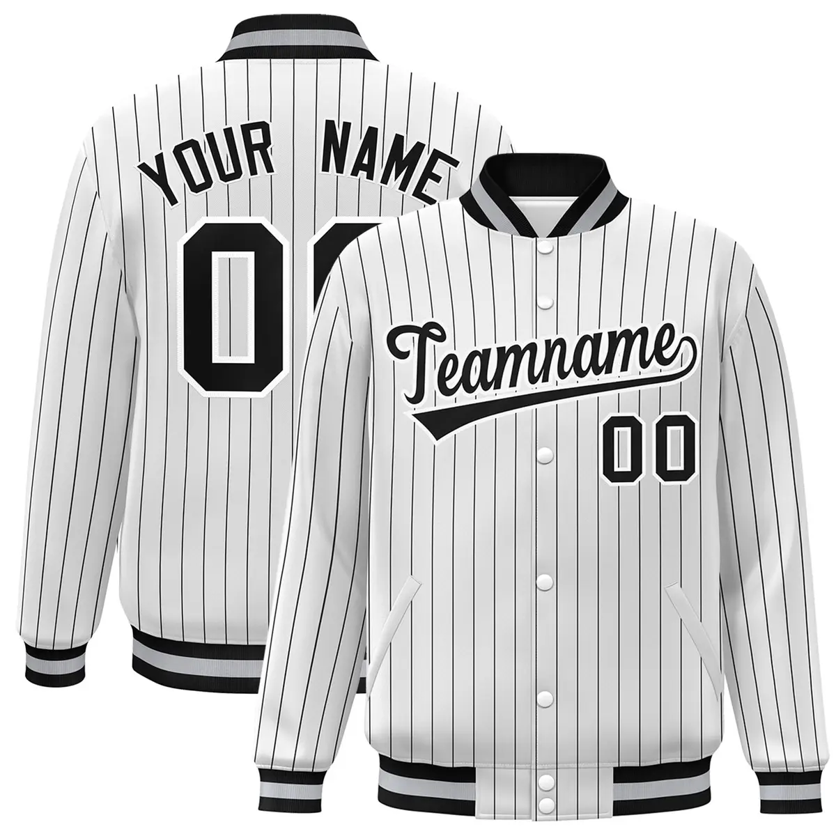 White Black-White Stripe Letterman Bomber Varsity Jacket