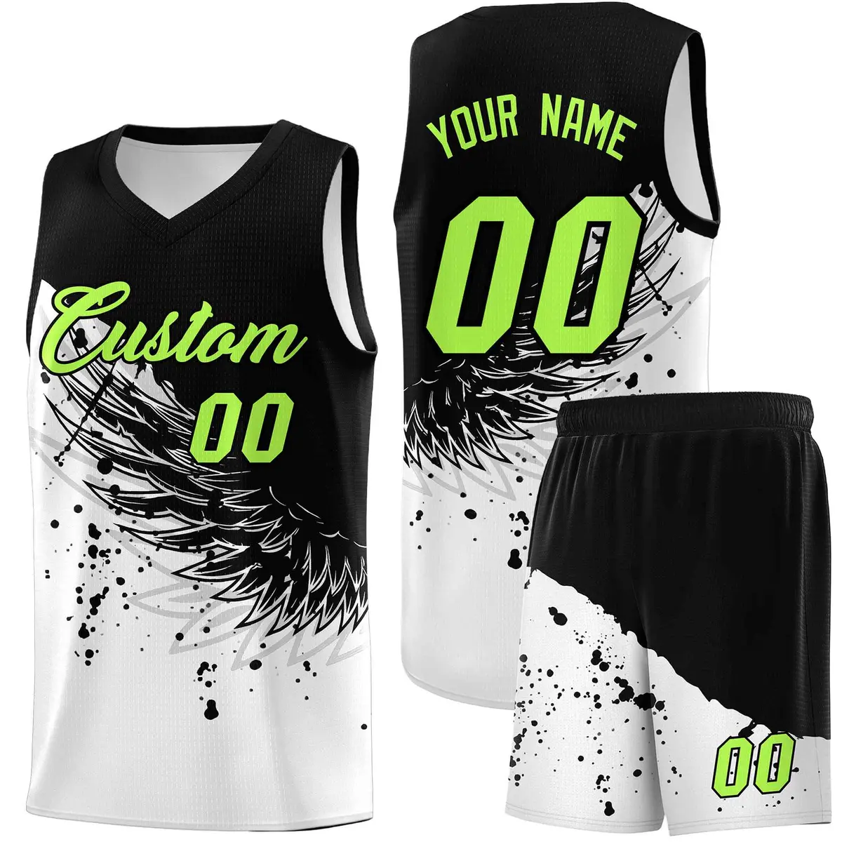 White Black Wing Pattern Basketball Sports Uniform Jersey