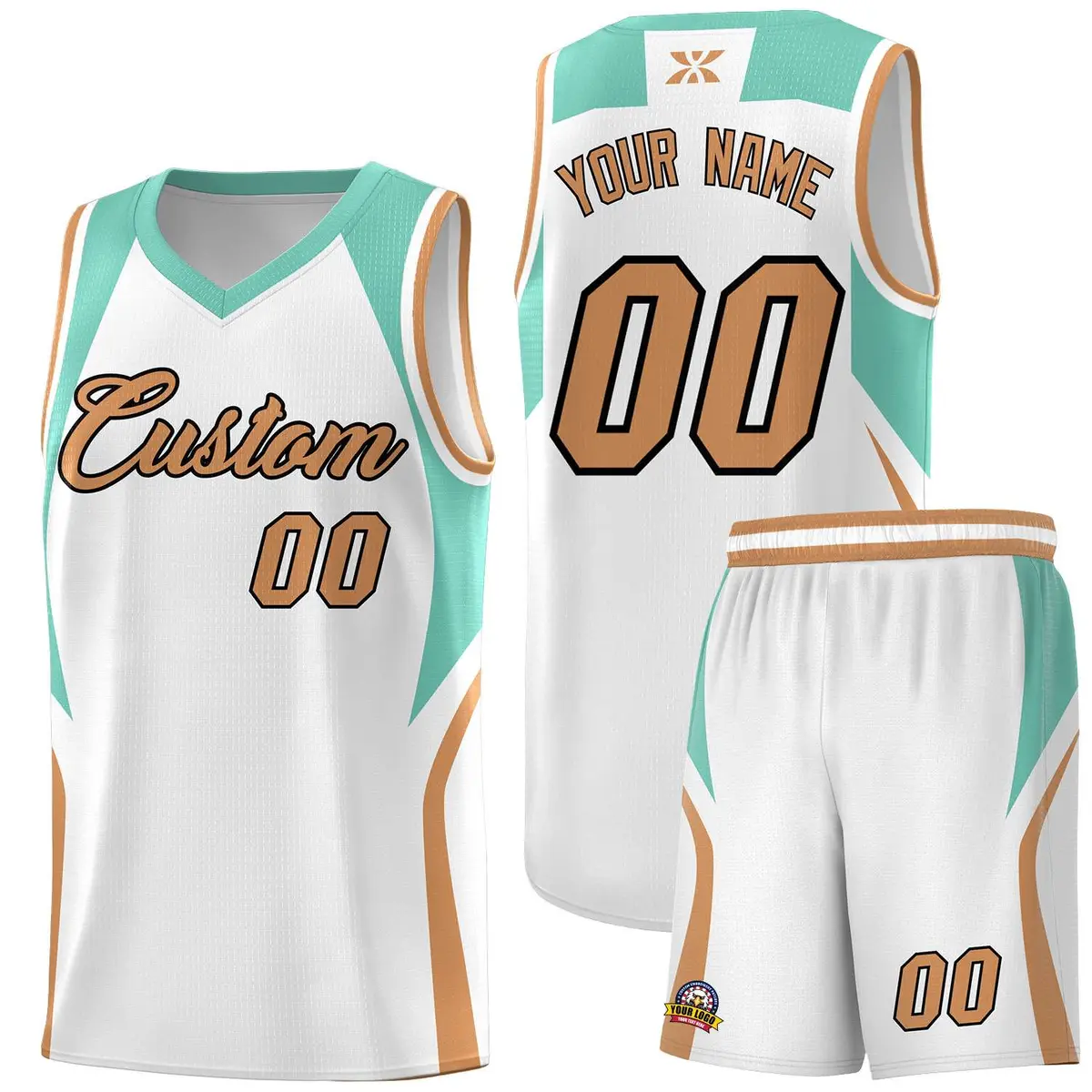 White Blue Buckskin Brown Color Block Basketball Jersey