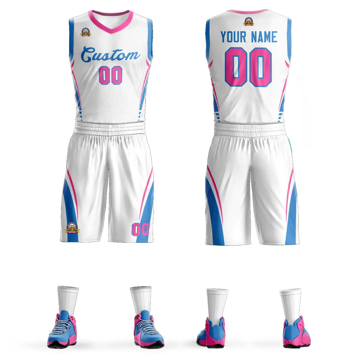 White Blue Classic Mesh Basketball Jersey