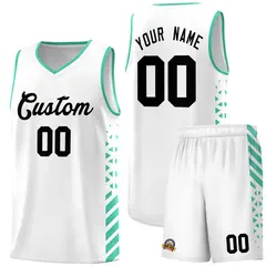 White Bright Green Diamond Stripe Side Basketball Jersey