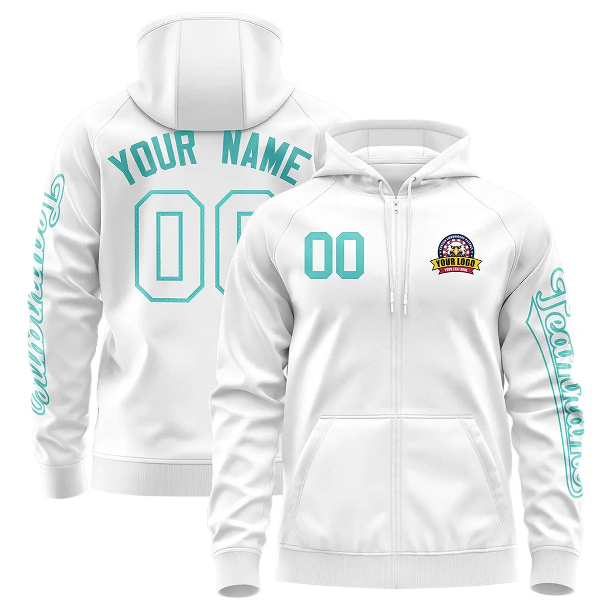 White Bright Green Full-Zip Varsity Letterman Jacket Hoodie