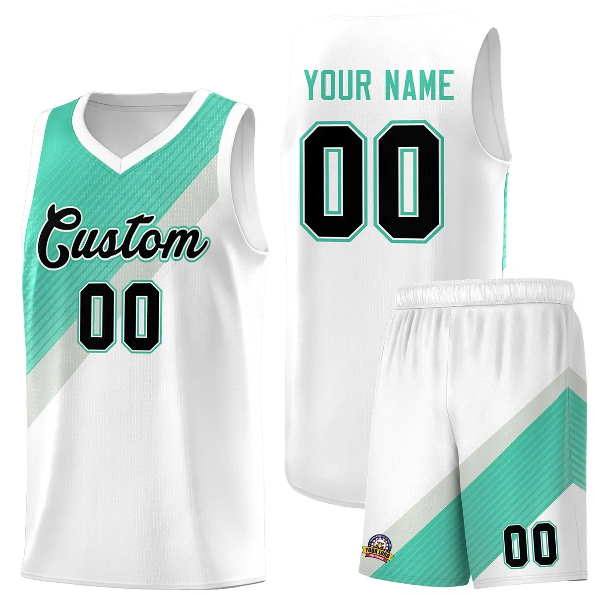 White Bright Green Gray Diagonal Stripes Color Block Basketball Jersey