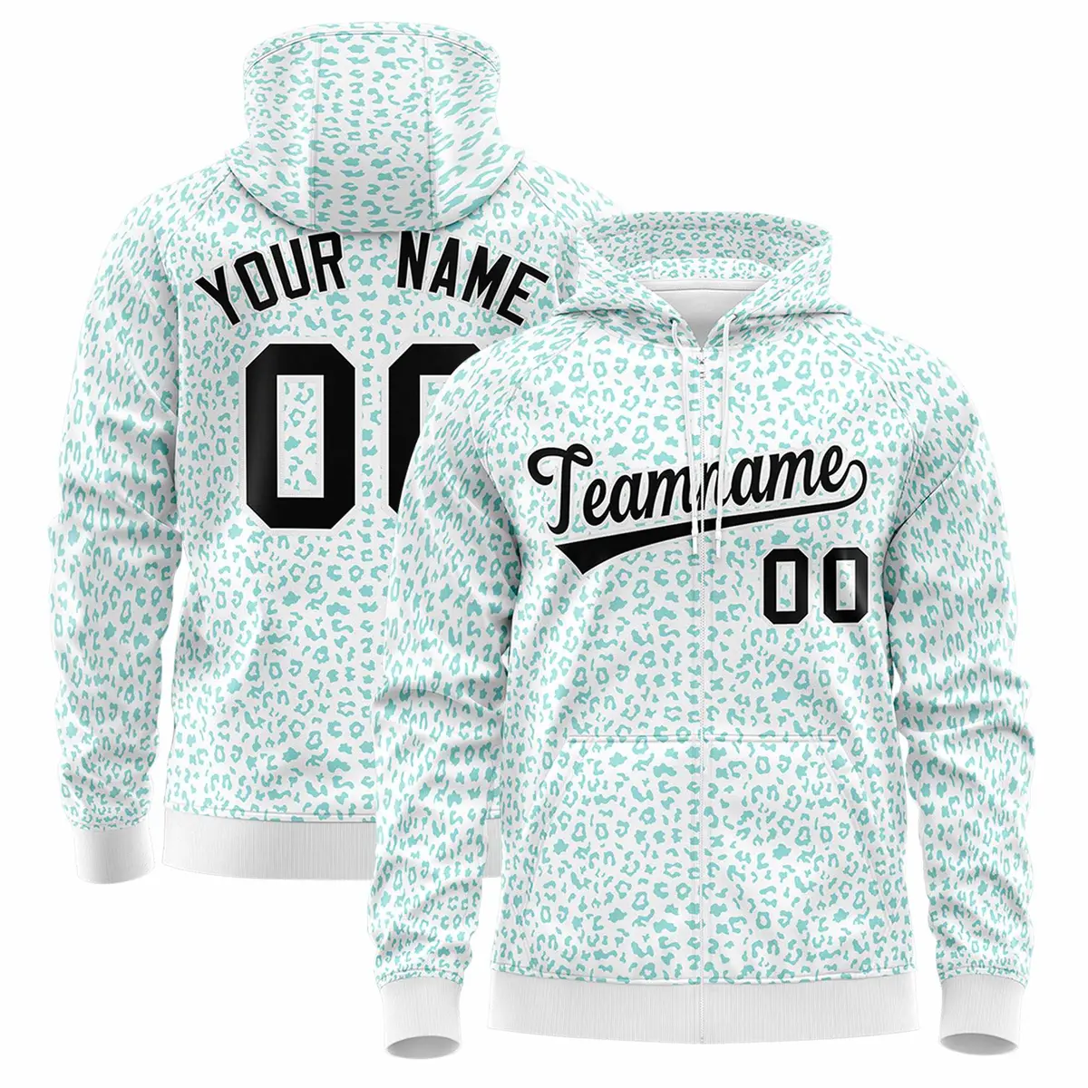 White Bright Green Leopard Print Varsity Full-Zip Letterman Jacket Hoodie