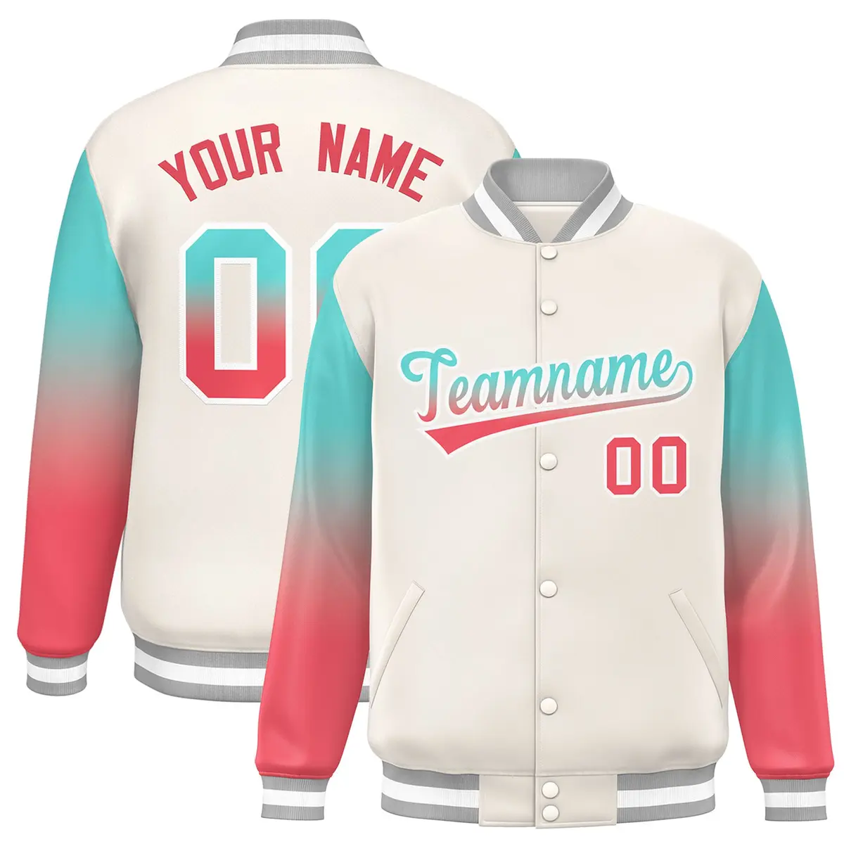 White Bright Green-Light Red Gradient Varsity Full-Snap Raglan Baseball Jacket