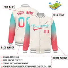White Bright Green-Light Red Gradient Varsity Full-Snap Raglan Baseball Jacket 2