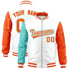 White Bright Green Orange Varsity Letterman Bomber Jacket Full-Zip Raglan 1