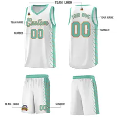 White Bright Green Side Symmetrical Line Pattern Basketball Jersey 5