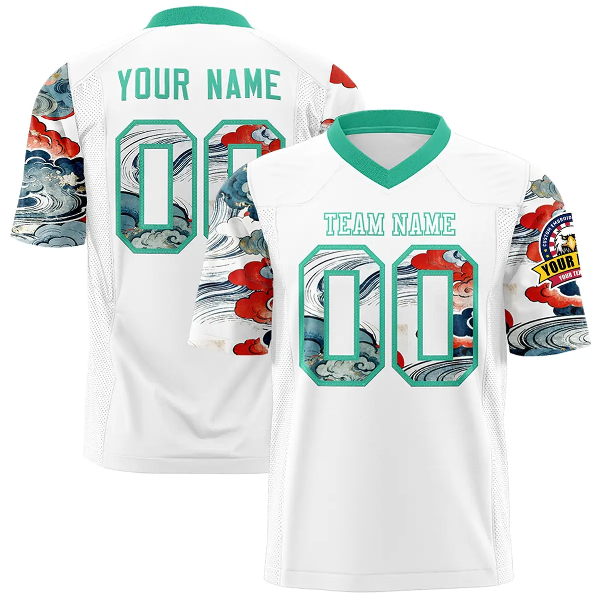 White Bright Green Sleeve Ukiyo-e Auspicious Clouds Graffiti Football Jersey