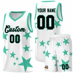 White Bright Green Star Print Graffiti Basketball Jersey Sets 1