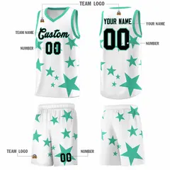 White Bright Green Star Print Graffiti Basketball Jersey Sets 5