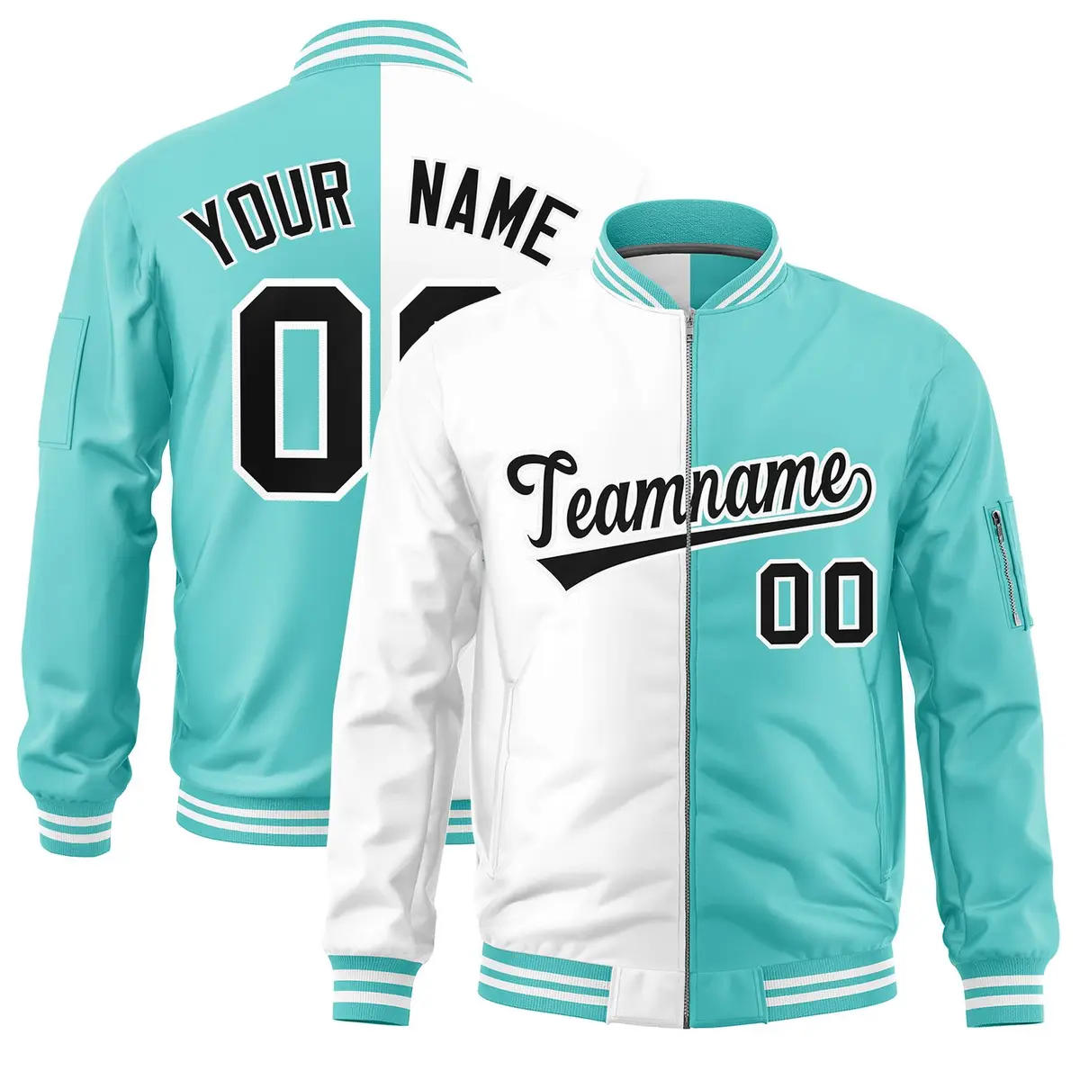 White Bright Green Two Tone Full-Zip Varsity Letterman Bomber Jacket