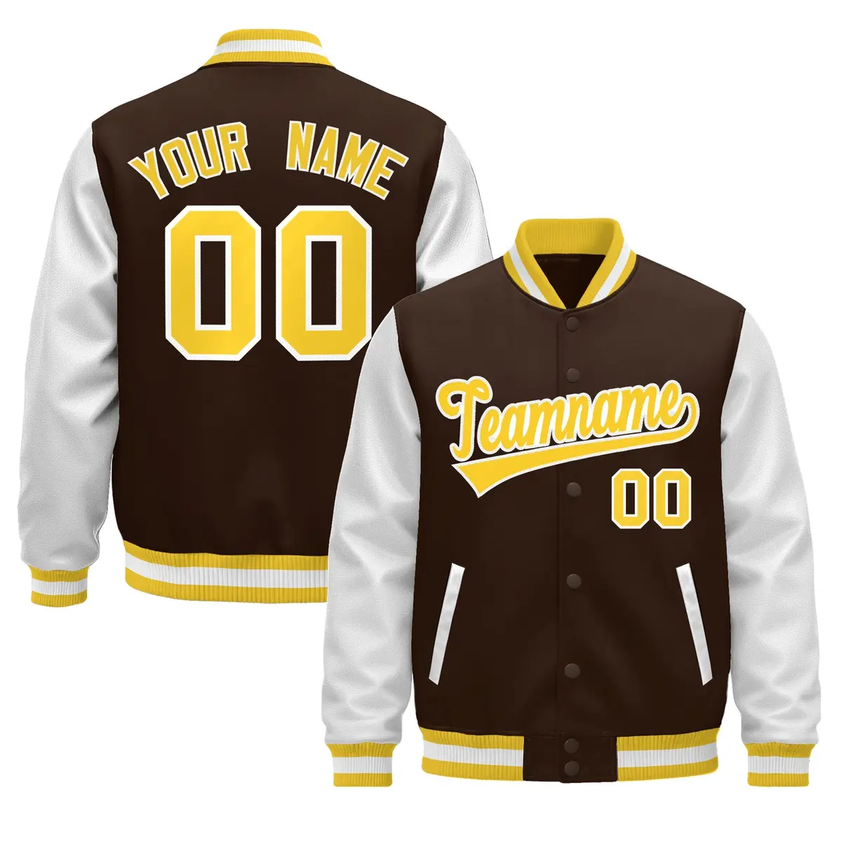 White Brown Gold Raglan Varsity Full-Snap Leather Sleeves Letterman Jacket