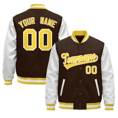 White Brown Gold Raglan Varsity Full-Snap Leather Sleeves Letterman Jacket 1
