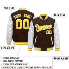 White Brown Gold Raglan Varsity Full-Snap Leather Sleeves Letterman Jacket 2