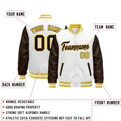 White Brown Gold Raglan Varsity Full-Snap Leather Sleeves Letterman Jacket 2