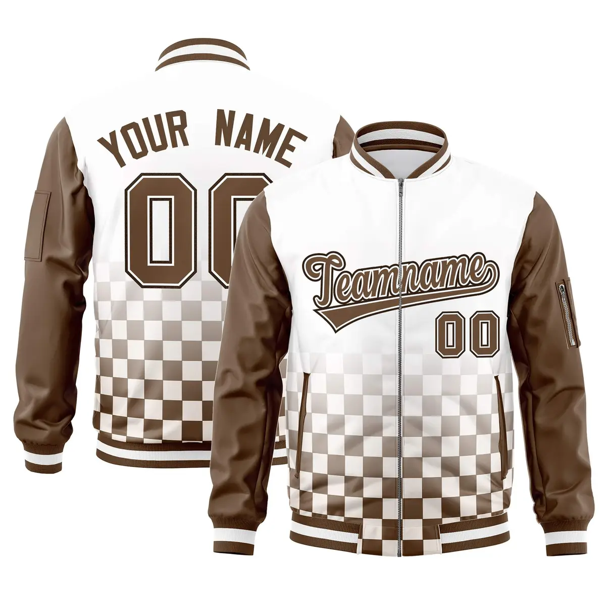 White Brown Grid Color Block Letterman Raglan Sleeve Full-Zip Varsity Jacket