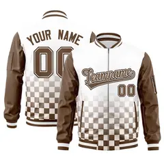 White Brown Grid Color Block Letterman Raglan Sleeve Full-Zip Varsity Jacket