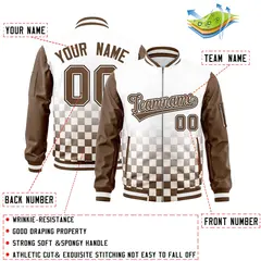 White Brown Grid Color Block Letterman Raglan Sleeve Full-Zip Varsity Jacket 2