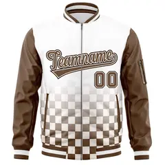 White Brown Grid Color Block Letterman Raglan Sleeve Full-Zip Varsity Jacket 3