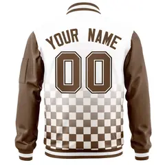 White Brown Grid Color Block Letterman Raglan Sleeve Full-Zip Varsity Jacket 4