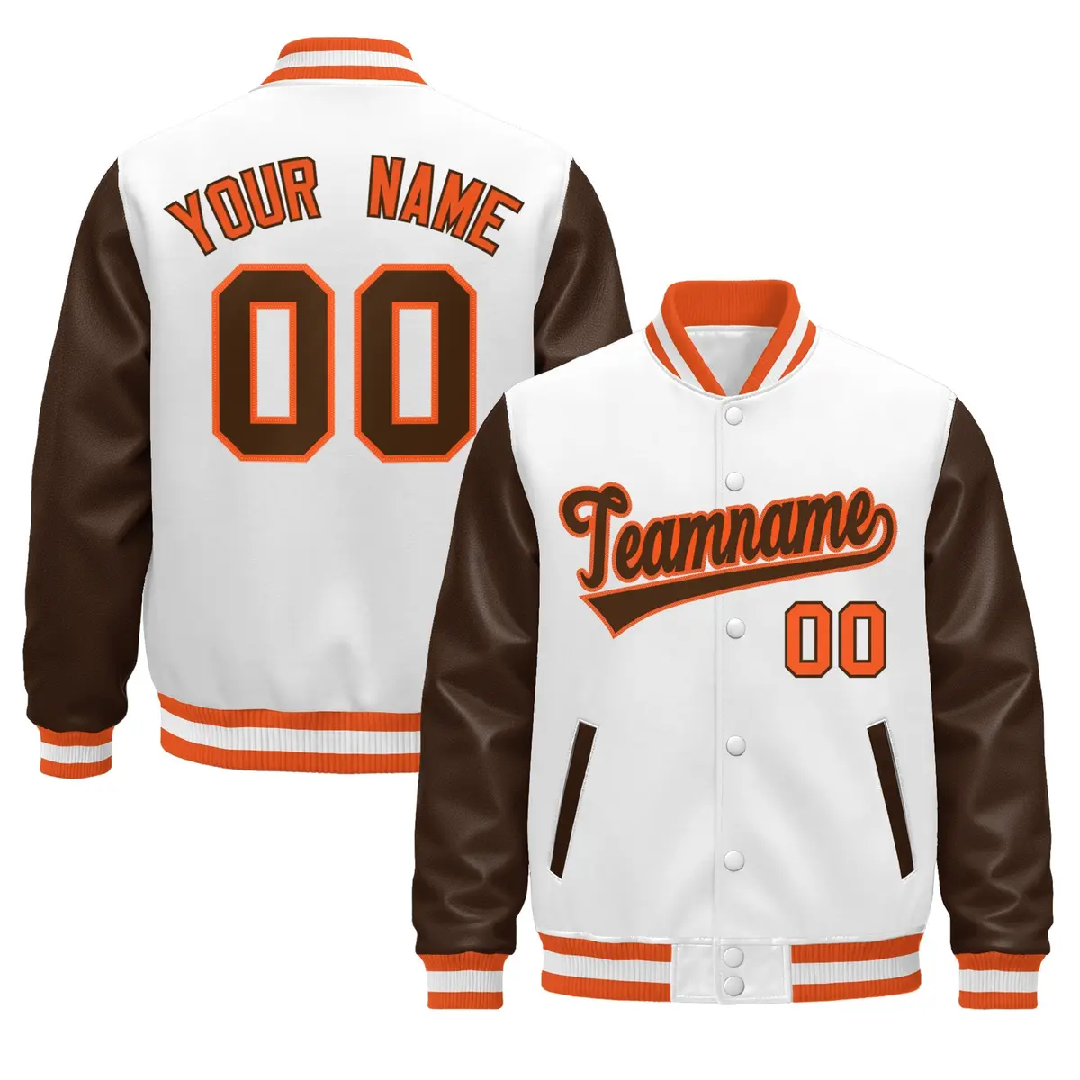 White Brown Orange Varsity Full-Snap Letterman Jacket