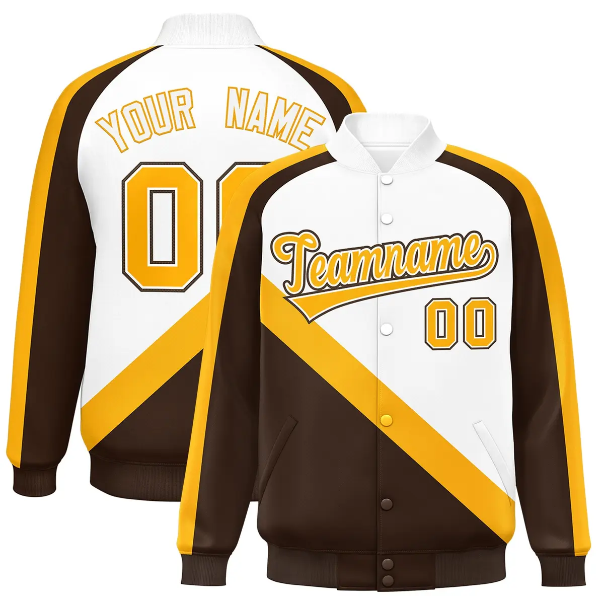 White Brown Raglan Varsity Full-Snap Letterman Baseball Jacket