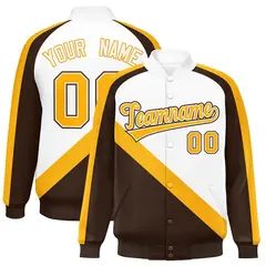 White Brown Raglan Varsity Full-Snap Letterman Baseball Jacket 1