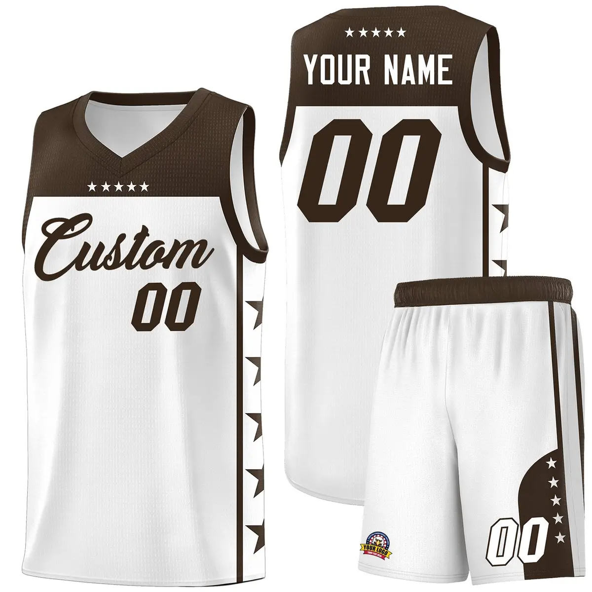 White Brown Star Pattern Team Basketball Jersey