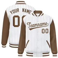 White Brown Stripe Raglan Varsity Bomber Jacket 1