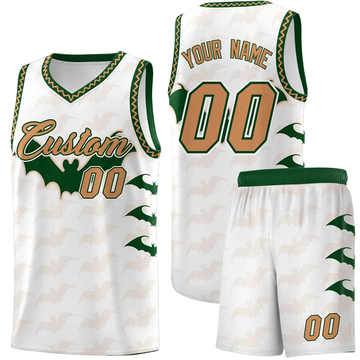 White Buckskin Brown Bat Pattern Halloween Basketball Jersey