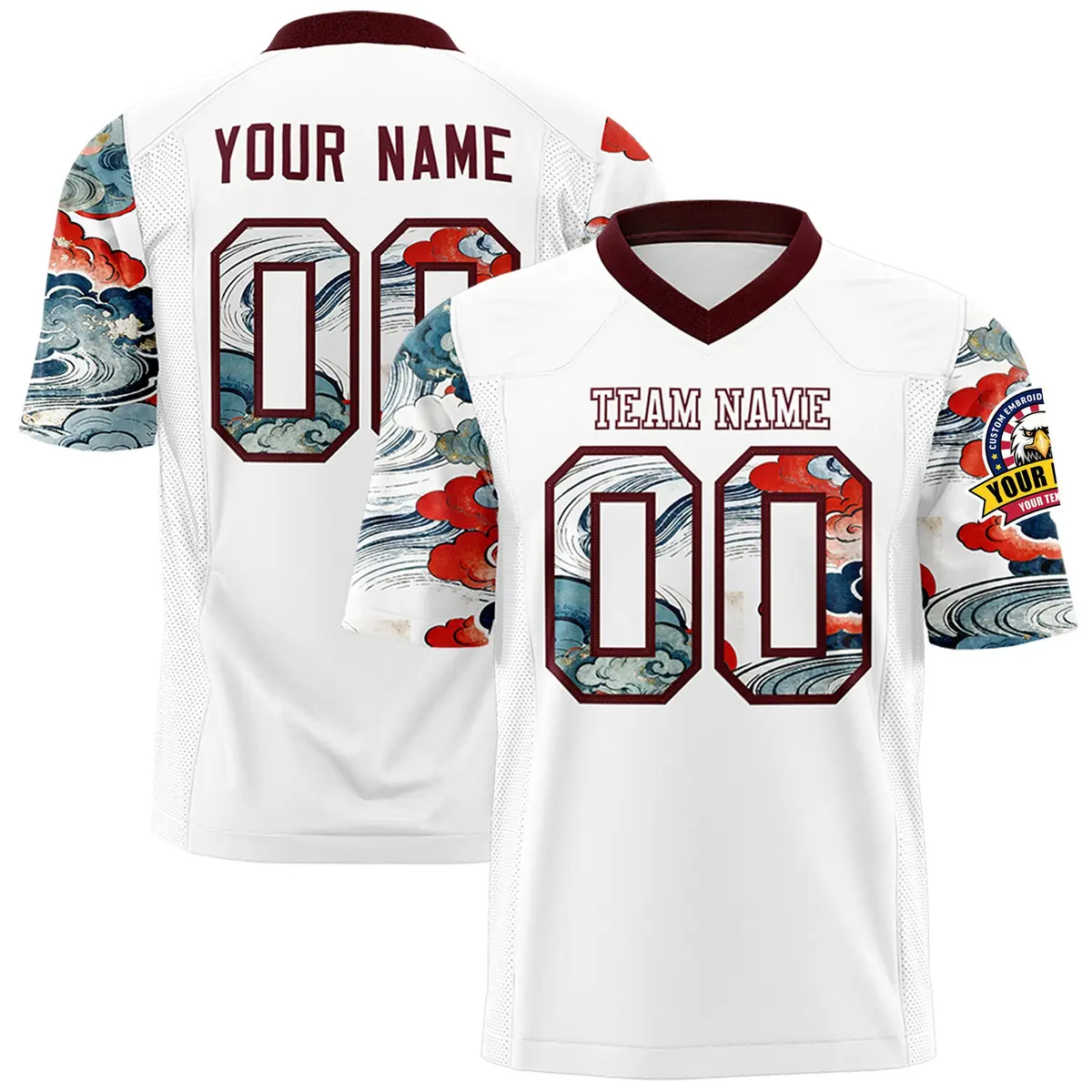 White Burgundy Sleeve Ukiyo-e Auspicious Clouds Graffiti Football Jersey