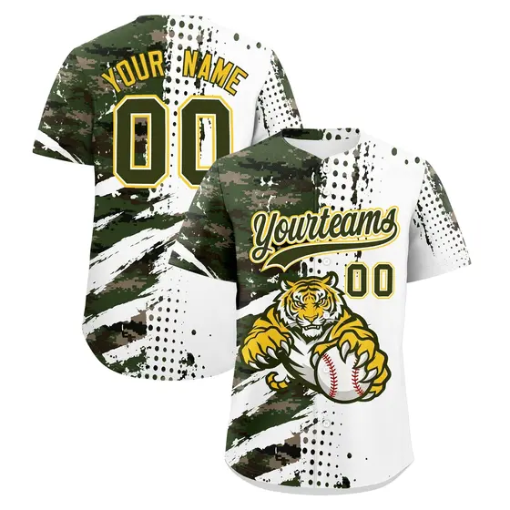 White Camo Olive Full-Snap Tiger Graffiti Baseball Jersey