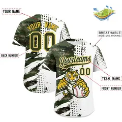 White Camo Olive Full-Snap Tiger Graffiti Baseball Jersey 2