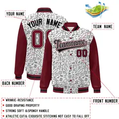 White Crimson-Black Line Graffiti Raglan Varsity Letterman Jacket 2
