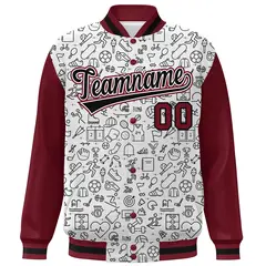 White Crimson-Black Line Graffiti Raglan Varsity Letterman Jacket 3